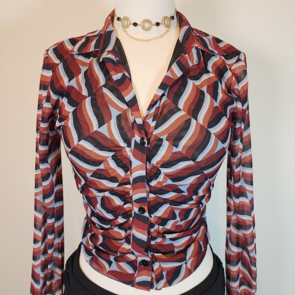 SO Goods For Life M Brown Geometric Print Sheer Mesh Long‎ Sleeve Top M